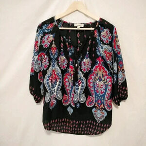 Meraki size Medium Paisley Boho Peasant Tie Tassel Neck 3/4 Sleeves Top